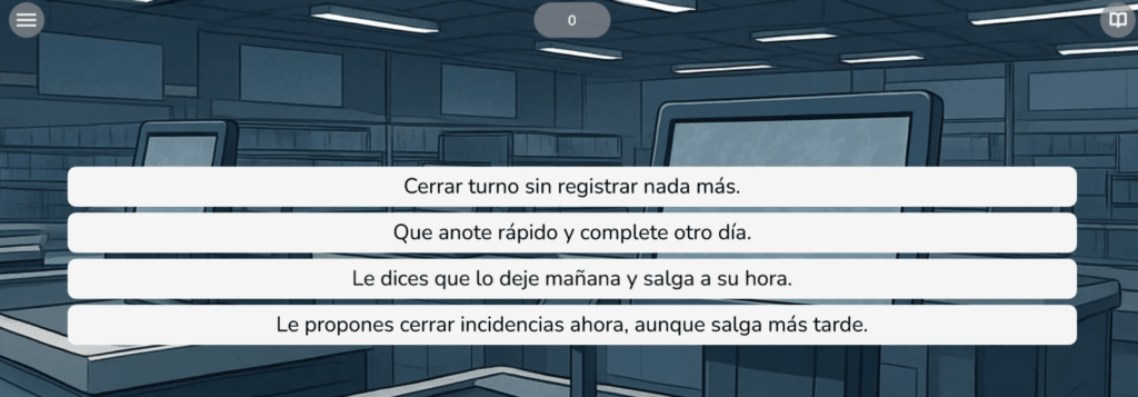 Mockup de serious game para formación corporativa creado con Novelingo Studio